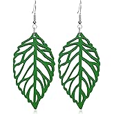 Handmade Bohemian Colorful Nature Wooden Leaf Dangle Drop Earrings Ethnic African Vintage Lightweight Boho Hollow Wood leaf Hook Earrings for Women Unique Geometry Jewelry