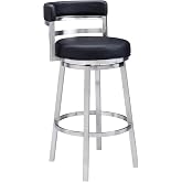 Armen Living Madrid 26" Seat Height Swivel Modern Black Faux Leather and Brushed Stainless Steel Bar Stool for Kitchen Island Counter