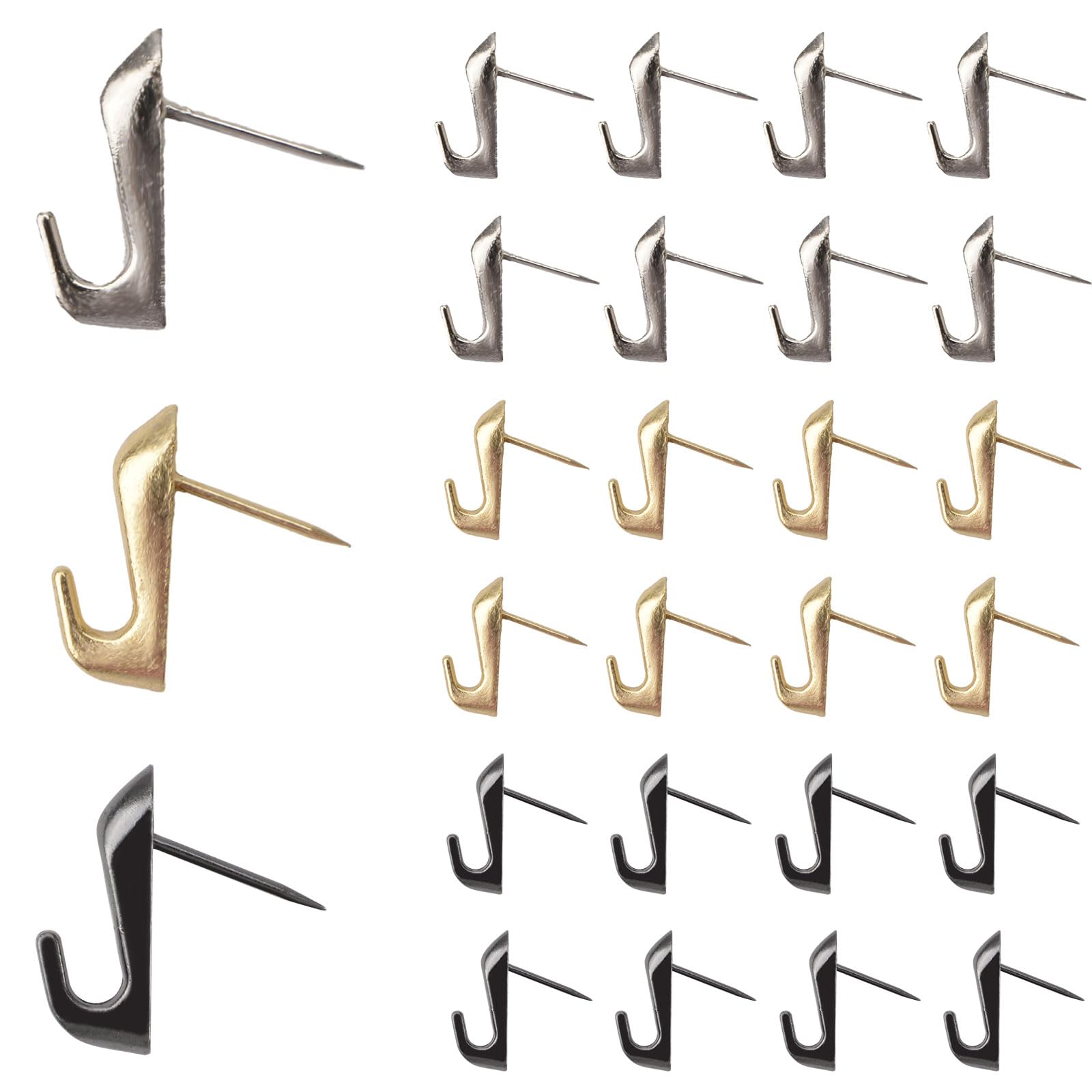 MOROBOR Push Pin Picture Hooks, 30Pcs Painting Hanger High-Heeled Style Pin Hooks Picture Hanging Nails for Home Office Wooden Fabric Wall (Gold &Silver & Black)