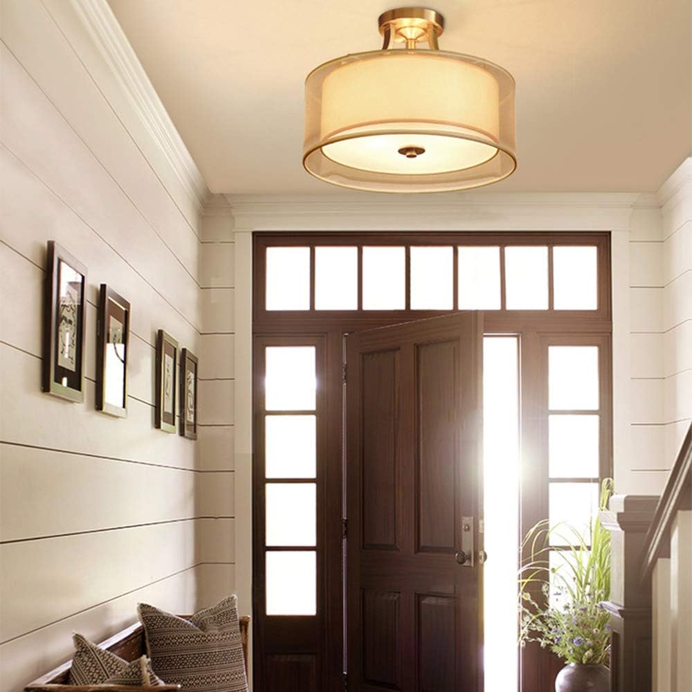 Retro Fabric Copper Ceiling Lamp 3 Lights Round Ceiling Light