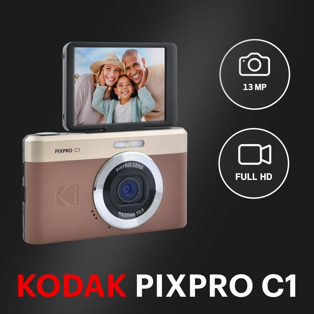 Kodak PIXPRO C1 Friendly Zoom Digital Camera - 13MP Compact Point and Shoot with 2.8” 180° Tilt LCD Flip Screen, Retro Vintage Design with 4X Zoom and 1080P Full HD Video for Travel, Vlogging, Brown