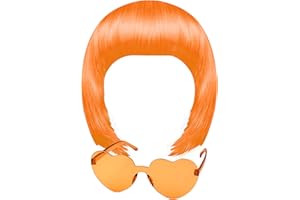 MIAHART Orange Short Bob Wig and Sunglass Set, Neon Colored Wigs Sunglass Pack Costume Colorful Cosplay Wigs Daily Party Hairpieces for Bachelorette Neon Party Favors Halloween Decorations Supplies