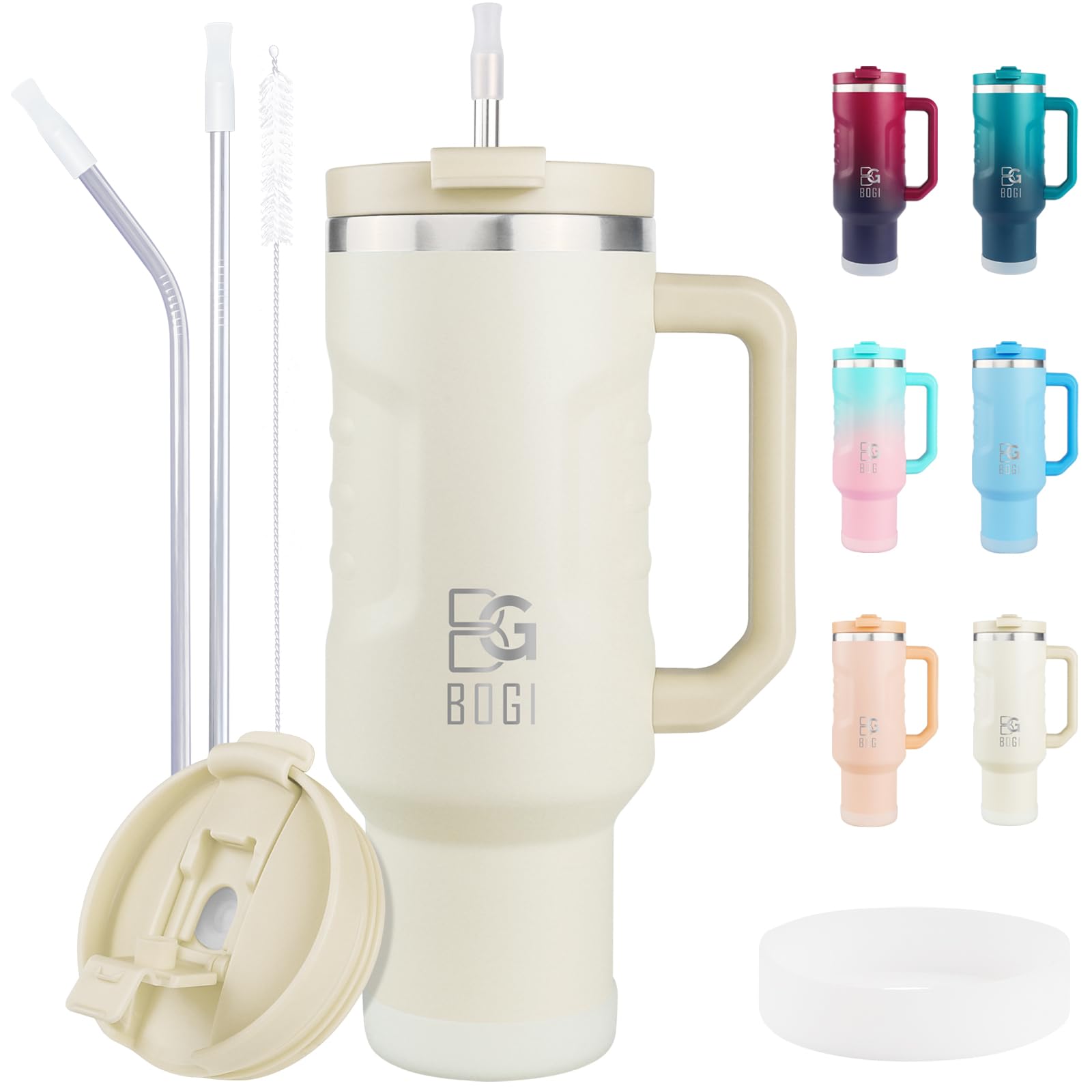 BOGI 40oz Tumbler with Straw and Lid,Leakproof Travel Mug with Handle,Double Walled Stainless Steel Tumbler with 2 in 1 Air Tight Lid,Reusable Insulated Cup for Cold and Hot Drinks | CreamWhite