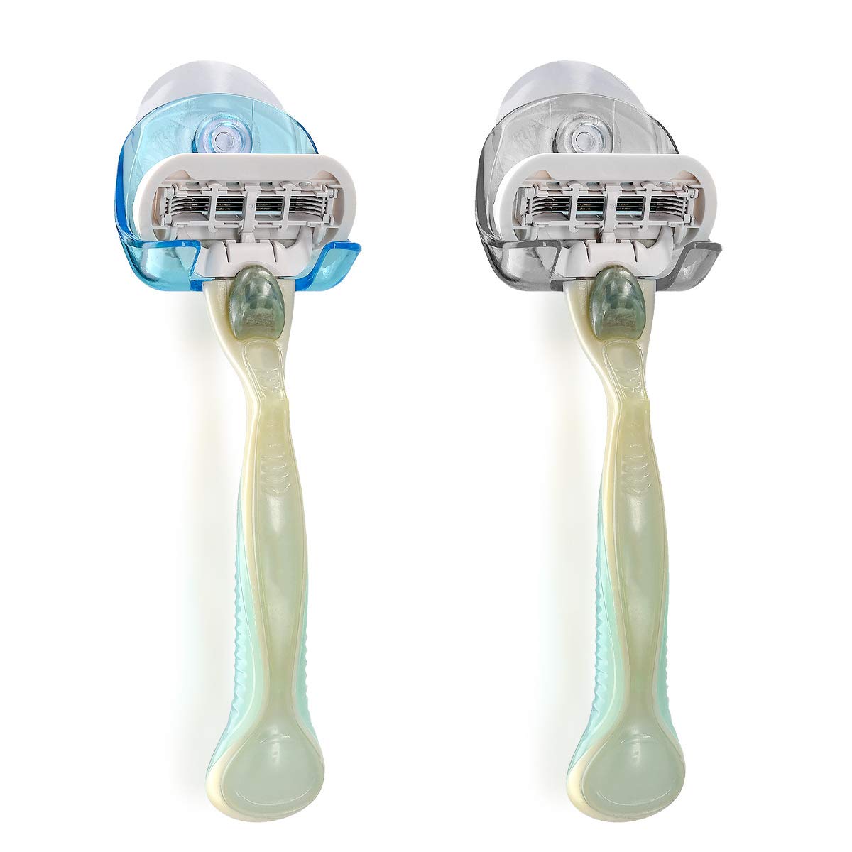 kwmobile 2X Razor Holder with Suction Cup - Self-Adhesive Shaver Wall Mount - Bathroom Organizer for Glass and Tiles - Black/Light Blue/Transparent