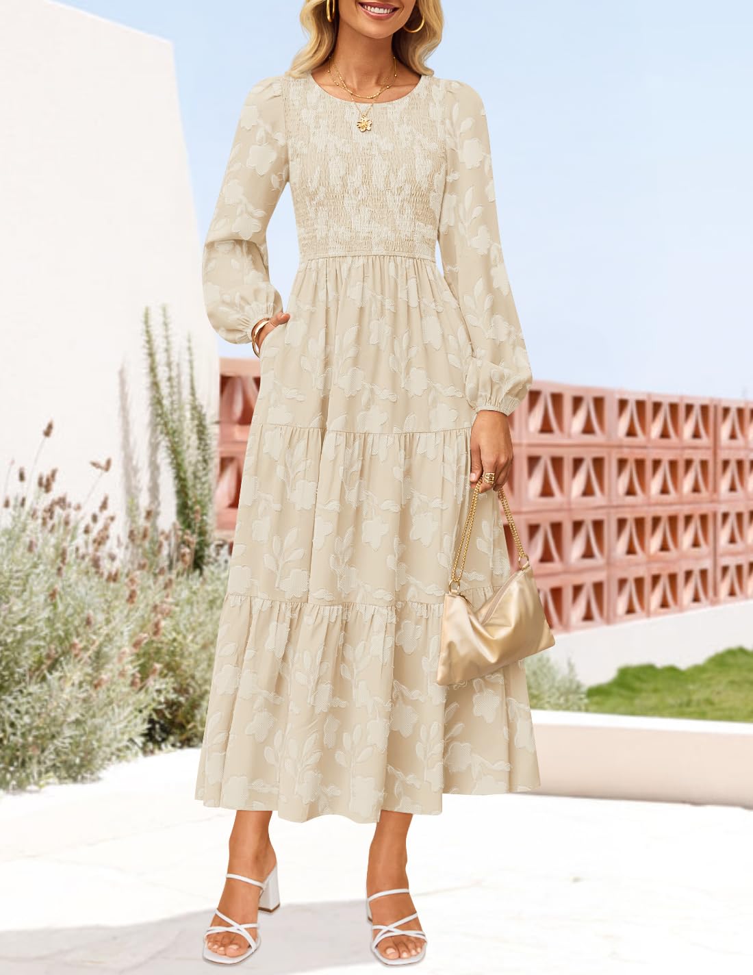 ZESICA Women's Fall Boho Floral Midi Dress 2025 Casual Long Sleeve Crewneck Flowy Wedding Guest Long Dresses