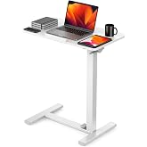 DUMOS Overbed Table with Wheels, Height-Adjustable Bedside Table, White | Rolling standing desk with Pneumatic Lift, Portable mobile desk for Bed, Couch, Office, Sofa
