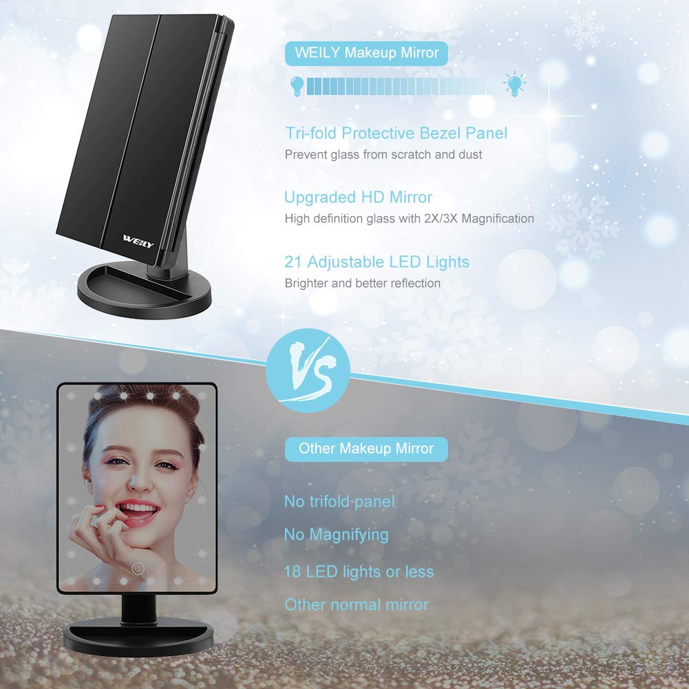 WEILY Makeup Vanity Mirror with 21 Led Lights, Trifold Dual Power Magnifying LED Lighted Cosmetic Mirrors (Black) : Beauty