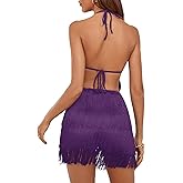 LYANER Women's Sexy Fringe Halter Waist Tie Back Sleeveless Romper Jumpsuit Playsuits Purple Small
