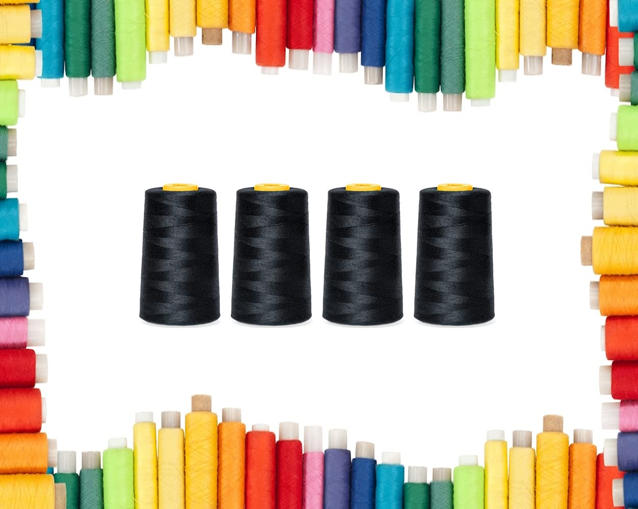 Rohans Overlock Yarn 40/2 (120), 5000 Yards (4570 Meters) Sewing Thread Cones, Sewing Machine Multi Colour Yarn Cones, 100% Polyester Material (Black, 4)