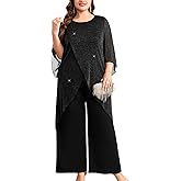TIARALY Plus Size Mother of The Bride Pant Suits 2 Piece Sparkly Mesh Sets Dressy Wedding Guest Outfit with High Low Hem