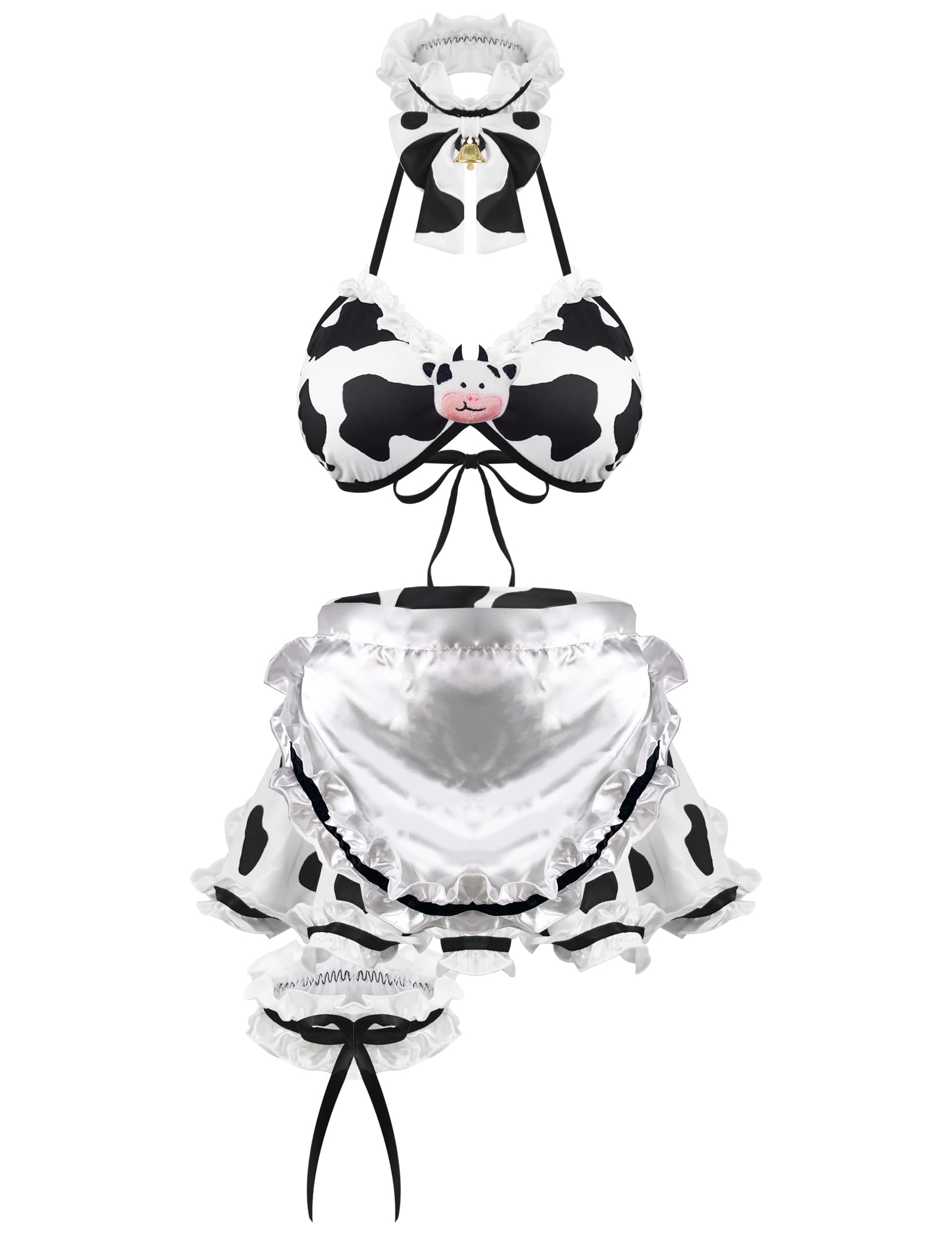 paloli Sexy Cow Lingerie for Women, Roleplay Lingerie, Classic Cow Print Milk-Silk Fabric with Accessories, Maid Outfit French Maid Costume