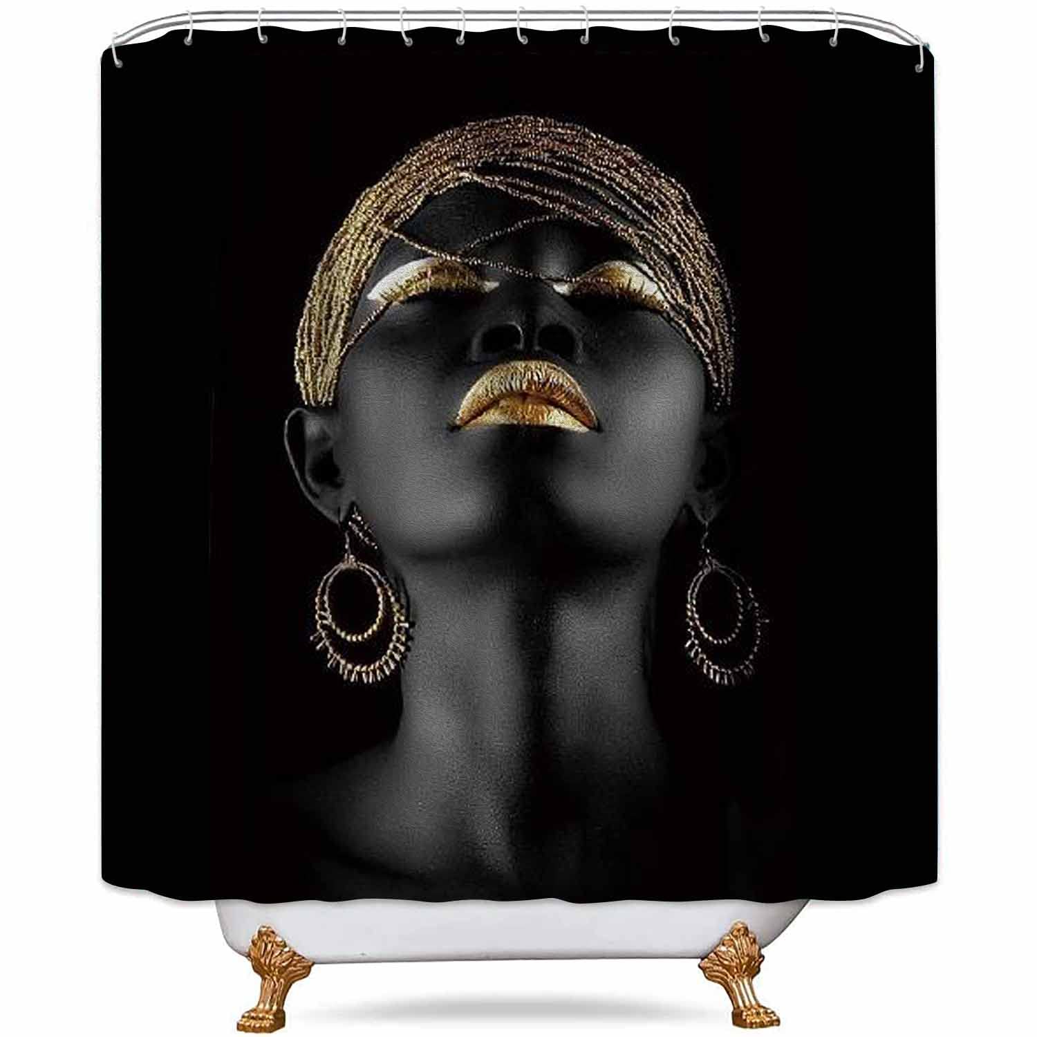NTETSN Afro Girl Shower Curtain, Black Girl Golden Lips Decor Set with 12 Hooks 72 X 72 in Washable Polyester Fabric, Bathroom Accessories, LHNT406-72