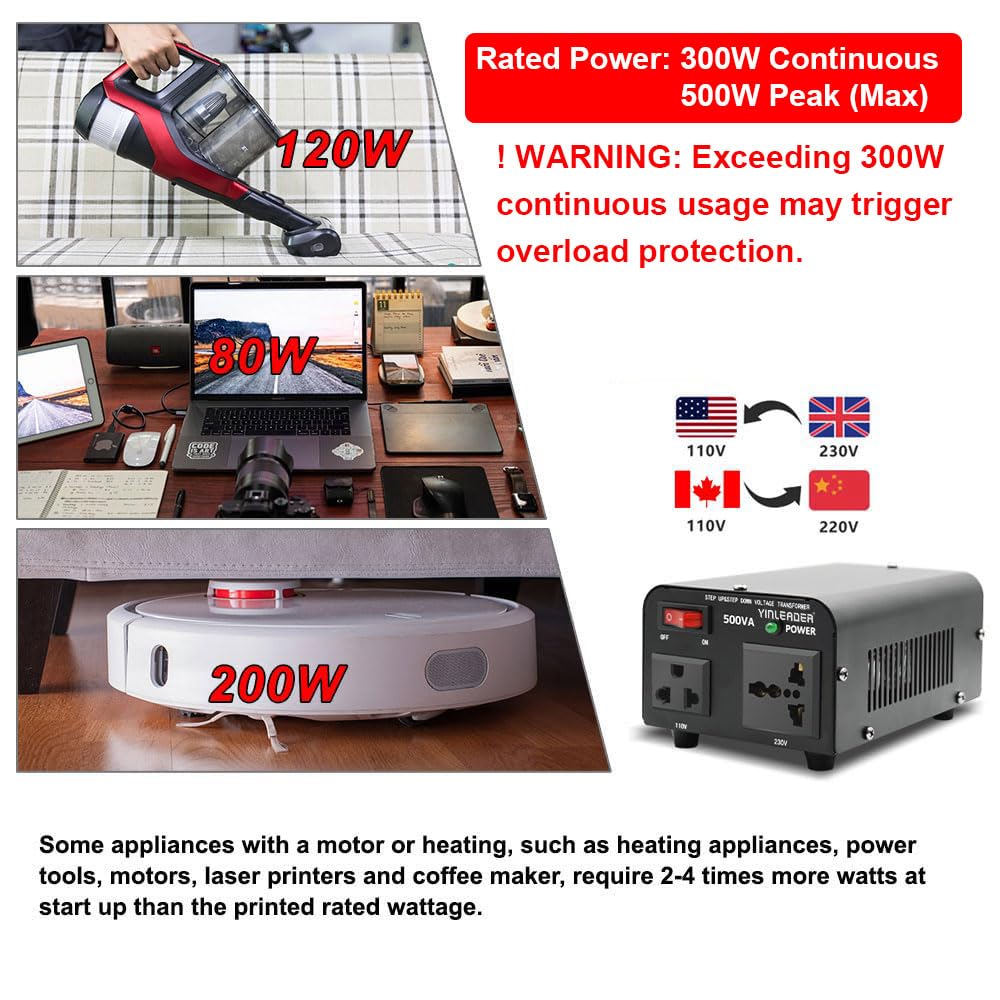 Yinleader 500W Voltage Transformer Power Converter(110V to 220V, 220V to 110V) Step Up/Down Converter 110/120 Volt - 220/240 Volt w/US Power Cord [300W Continuous Power]