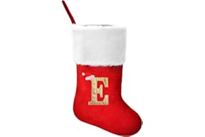 WOBENY 20 Inches Personalized Christmas Stockings with Letters, Large Red Velvet with Soft Plush Cuff & Embroidered Gold Letter Monogram Initial Xmas Stockings for Holiday Seasonal Decor Party Supplies (E)