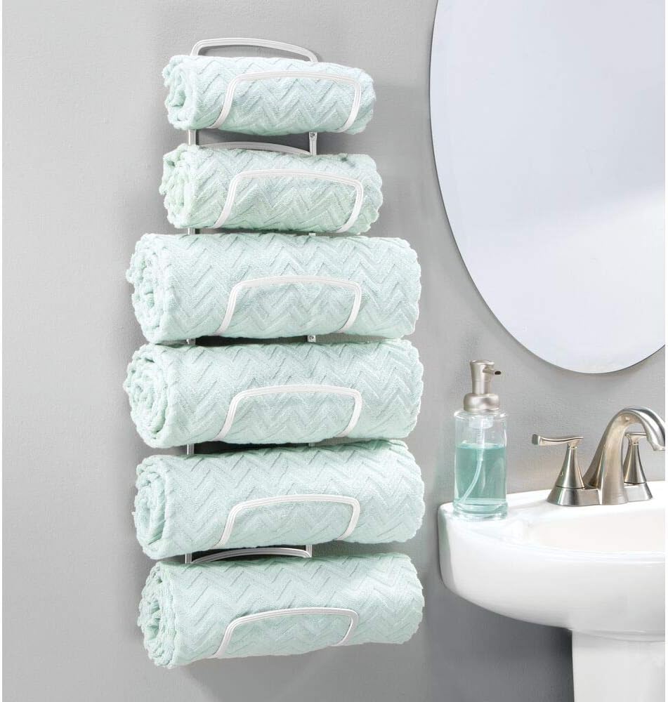 mDesign Metal Towel Shelves, Towel Rack for The Bathroom with 6 Compartments - Image 3
