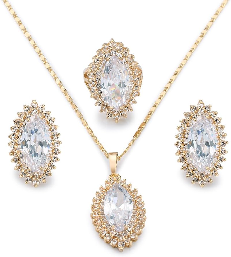 Rellecona Jewels Noble 18k Yellow Gold Plated White Cubic Zirconia Jewelry Sets Necklace Ring Earrings