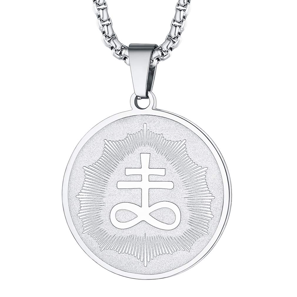 FaithHeart Womens Satanic Jewellery Silver Plated Leviathan Cross Pendant Protective Amulet Necklace Stainless Steel Coin Charm Catholic Gifts