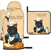 Funny Black Cat Oven Mitts and Pot Holders Set, Heat Resistant Cute Oven Gloves Hot Pads for Cooking Grilling Baking Kitchen Decor, Black Cat Lover Gifts for Chef Baker, Baking Gifts for Women