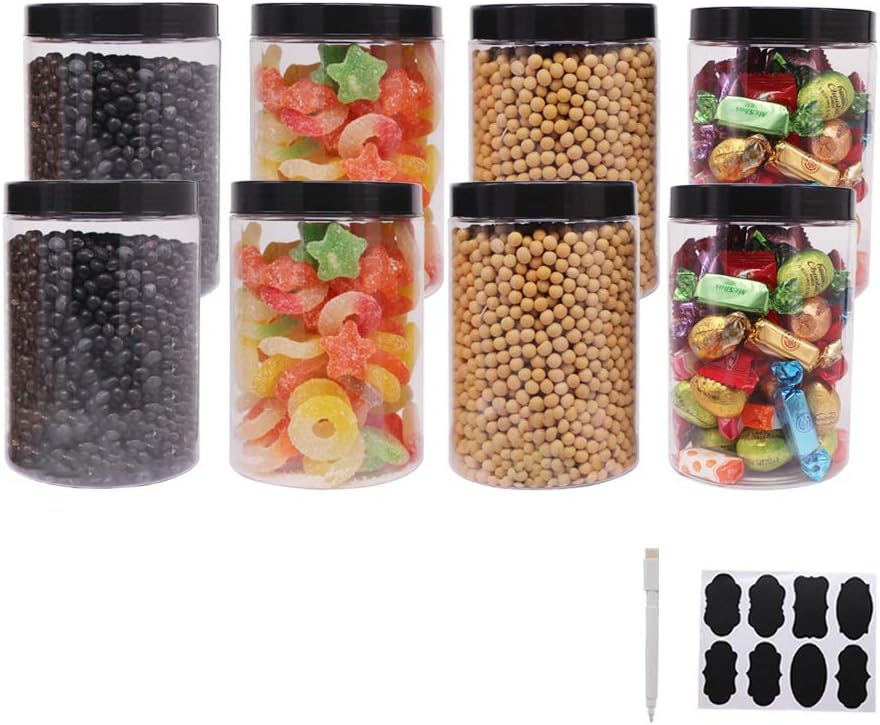 8 Pack 25 oz Plastic Jars With Lids, Extra Labels, 1 Pen, Clear PET Seal Jar for Food Storage,Wide Opening Storage jar For Dry Food, Peanut, Powder, Kitchen & Craft Storage by ZMYBCPACK