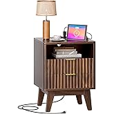 Butinsx Nightstand with Charging Station, Modern Fluted 2 Drawers End Table, Side Table with Storage Shelf for Bedroom, Office, Walnut