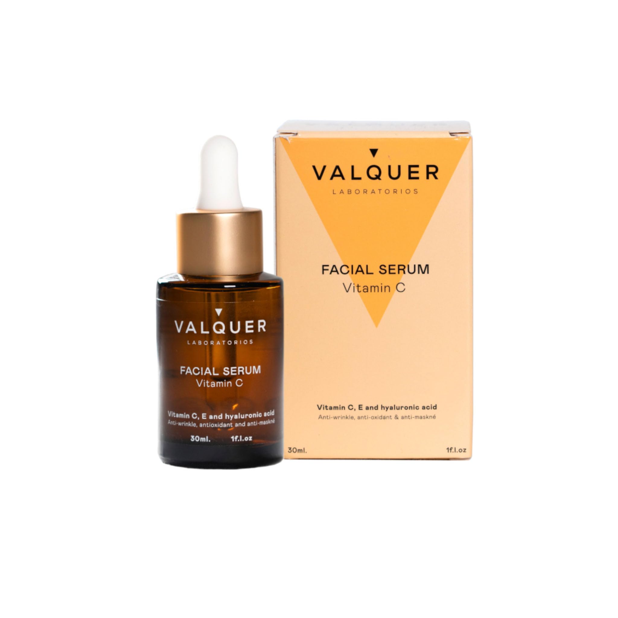 Valquer Anti-aging Facial Serum with Vitamins C, E & Hyaluronic Acid. Hydrates, protects, and reduces wrinkles with natural antioxidants. Vegan, revitalizing, for all skin types. 30 ml.