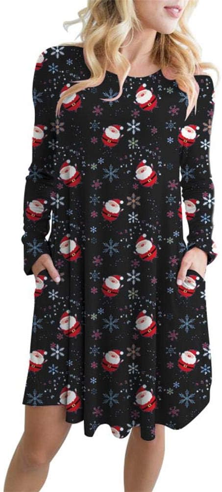 Women Dresses Plus Size, Women Christmas Cartoon Snowman Santa Printed Big Swing Pocket Mini Dress
