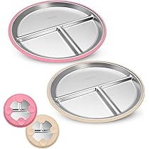 Assiettes Pour Tout-petits, Assiette Compartiment, Assiettes Pour Enfants En Acier Inoxydable Avec Ventouse En Silicone, Assiette Ventouse Pour Bébé, Cuillères Et Fourchettes Enfants Vaisselles (Rose