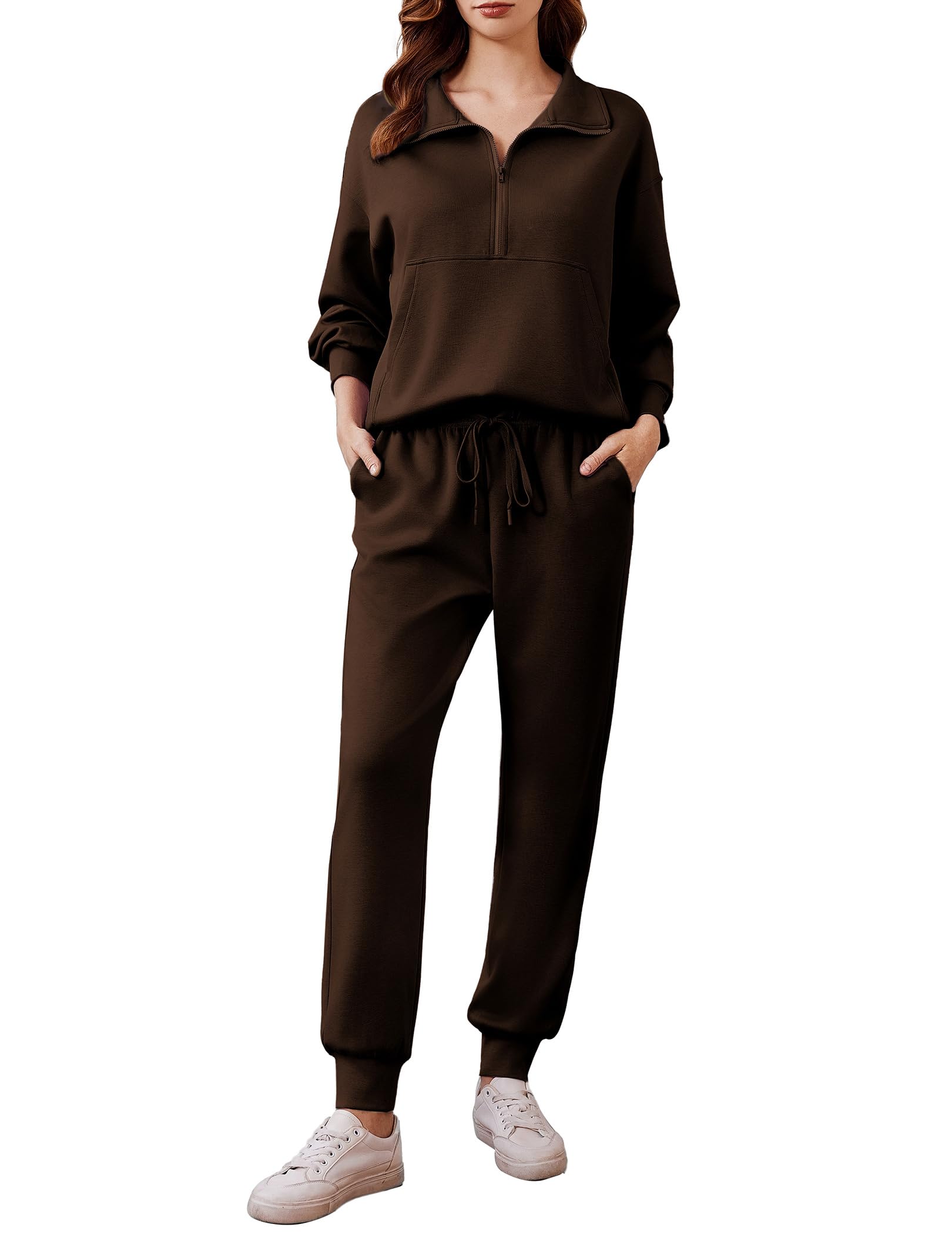 PINSPARK Travel Outfits for Women 2025 2 Piece Matching Sets Long Sleeve Tracksuits Lounge Set Half Zip Jogger Sets with Pockets,Espresso Brown Tall Medium Image