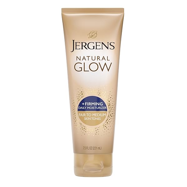 JERGENS NATURAL GLOW +FIRMING SELF TANNER BODY LOTION, FAIR TO MEDIUM SKIN TONE, SUNLESS TANNING MOISTURIZER WITH COLLAGEN AND ELASTIN, HELPS TO VISIBLY REDUCE CELLULITE, 7.5 FL OZ