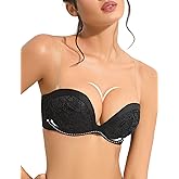 YBCG Push Up Strapless Plunge Bra with Clear Straps Convertible Lace Padded Add 2 Cups Underwire Low Cut for Women