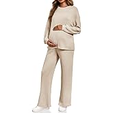 Yousify Womens Maternity Pajamas Sets 2 Piece Outfits Ribbed Knit Long Sleeve Tops Pants Loungewear Mama Clothes