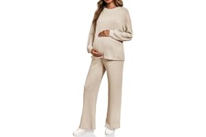 Yousify Womens Maternity Pajamas Sets 2 Piece Outfits Ribbed Knit Long Sleeve Tops Pants Loungewear Mama Clothes