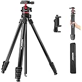 NEEWER Basics 66.5"/169 cm Travel Tripod for Camera, Lightweight Portable DSLR Stand with Ball Head, Arca Type QR Plate, Cell Phone Holder Compatible with iPhone Video Recording, Max Load 11 lb, TP12