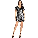 Anna-Kaci Women's Short Sleeve V-Neck Sequin Shift T-Shirt Mini Dress