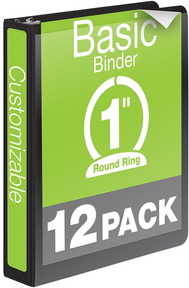 Wilson Jones 1 Inch 3 Ring Binder, Basic Round Ring View Binder, Black, 12 Pack (W362-14BPK)