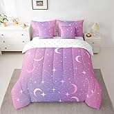 Feelyou Star and Moon 7 Pieces Bedding Set Twin Size for Kids Boys Girls Night Sky Comforter Set with Sheets Purple and Pink Bed Set Bed in a Bag with Comforter, Sheets, Pillowcases & Cushion Covers