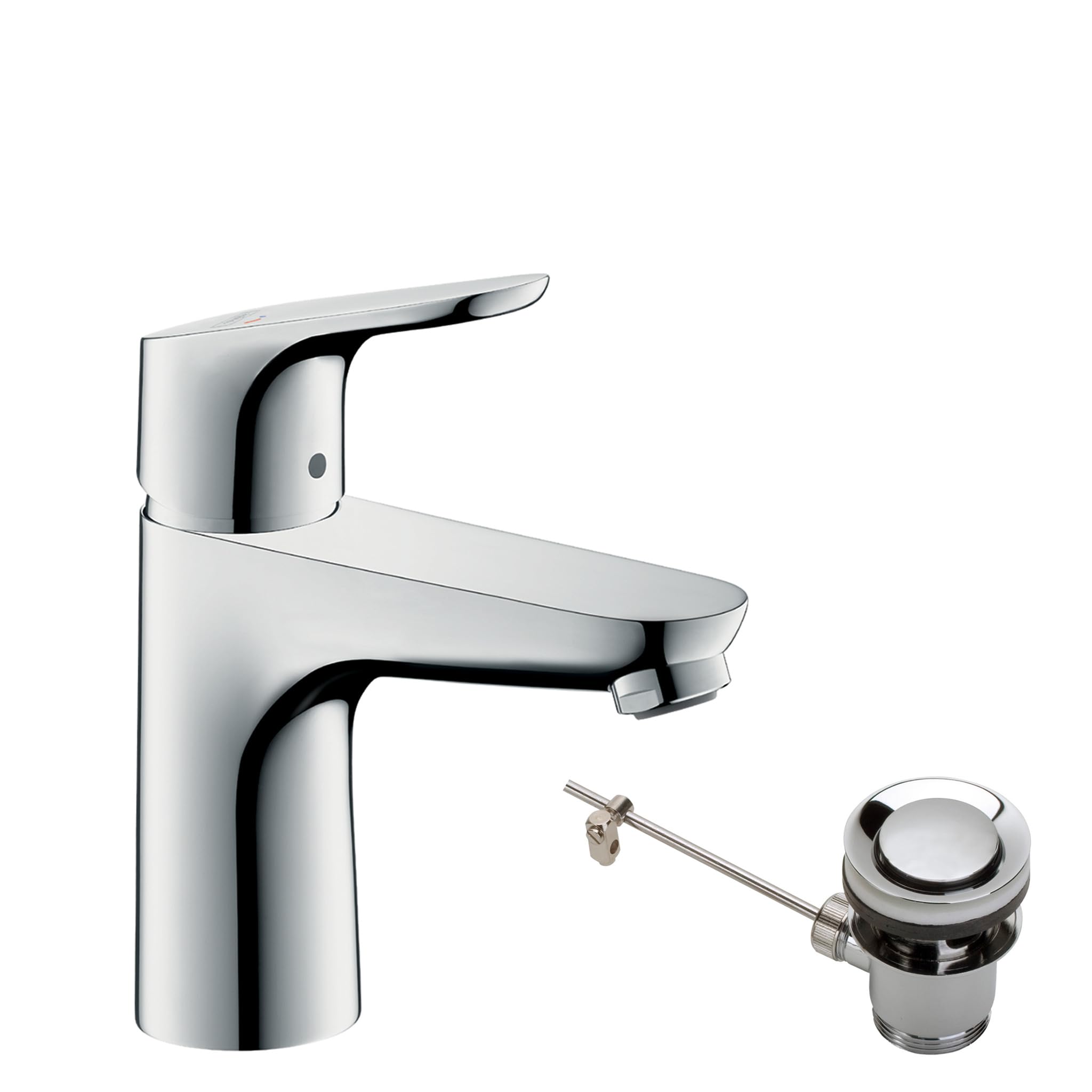 hansgrohe basin mixer tap Focus, basin tap with spout height 100mm, energy-saving (CoolStart, water-saving (EcoSmart), with pop-up waste set, chrome, 31621000
