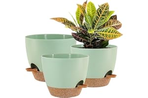 UOUZ 10/9/8 inch Self Watering Pots, Set of 3 Plastic Planters with Mesh Drainage Holes and Deep Reservoir for Indoor Outdoor Garden Plants and Flowers, Green with Brown