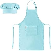 Kids Apron and Chef Hat Set-Adjustable Child Apron for Boys and Girls for Cooking Baking Light Blue