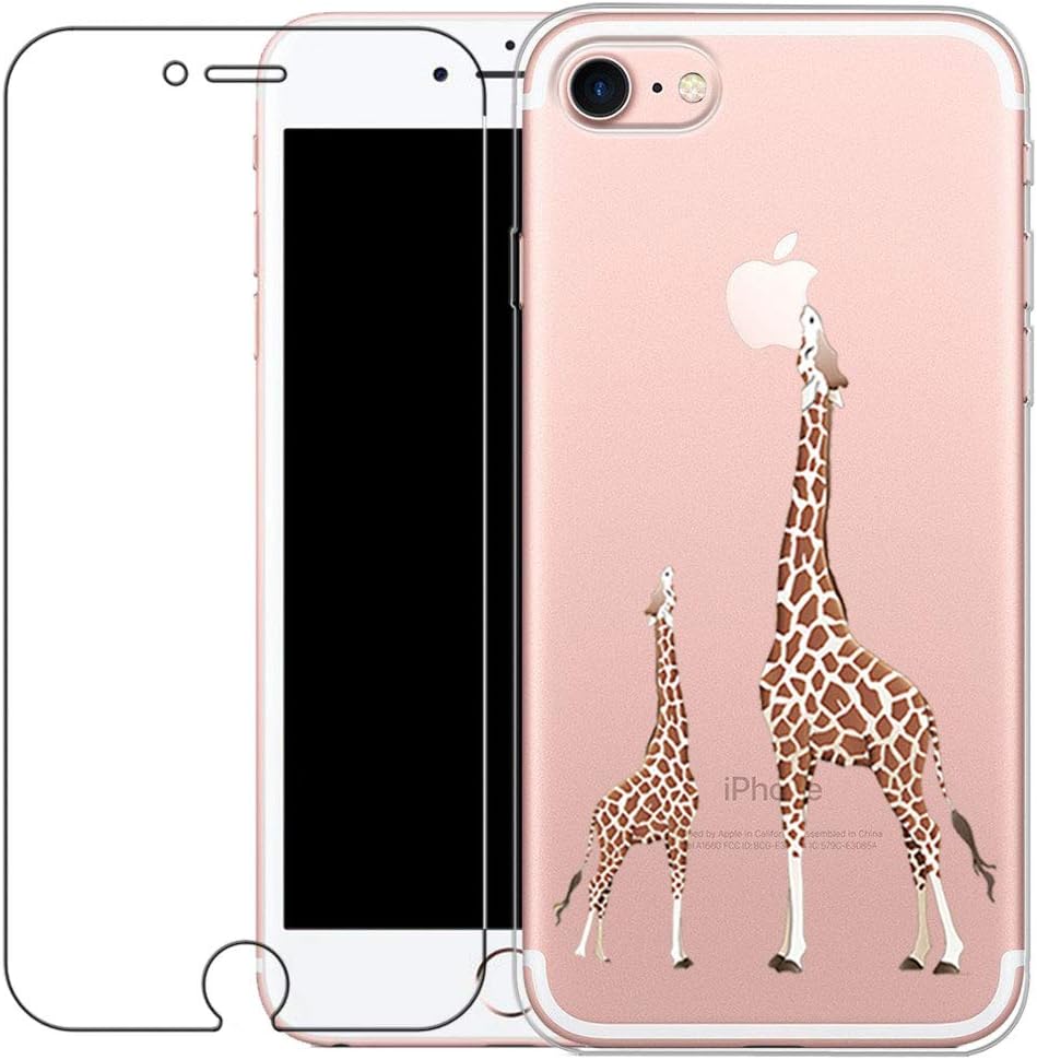 Compatible with iPhone 7/8/ SE 2020 Case, Shumeifang Crystal Clear Soft Silicone Gel TPU Case with Tempered Glass Screen Protector for iPhone 7/8/iPhone SE 2020 - Giraffe