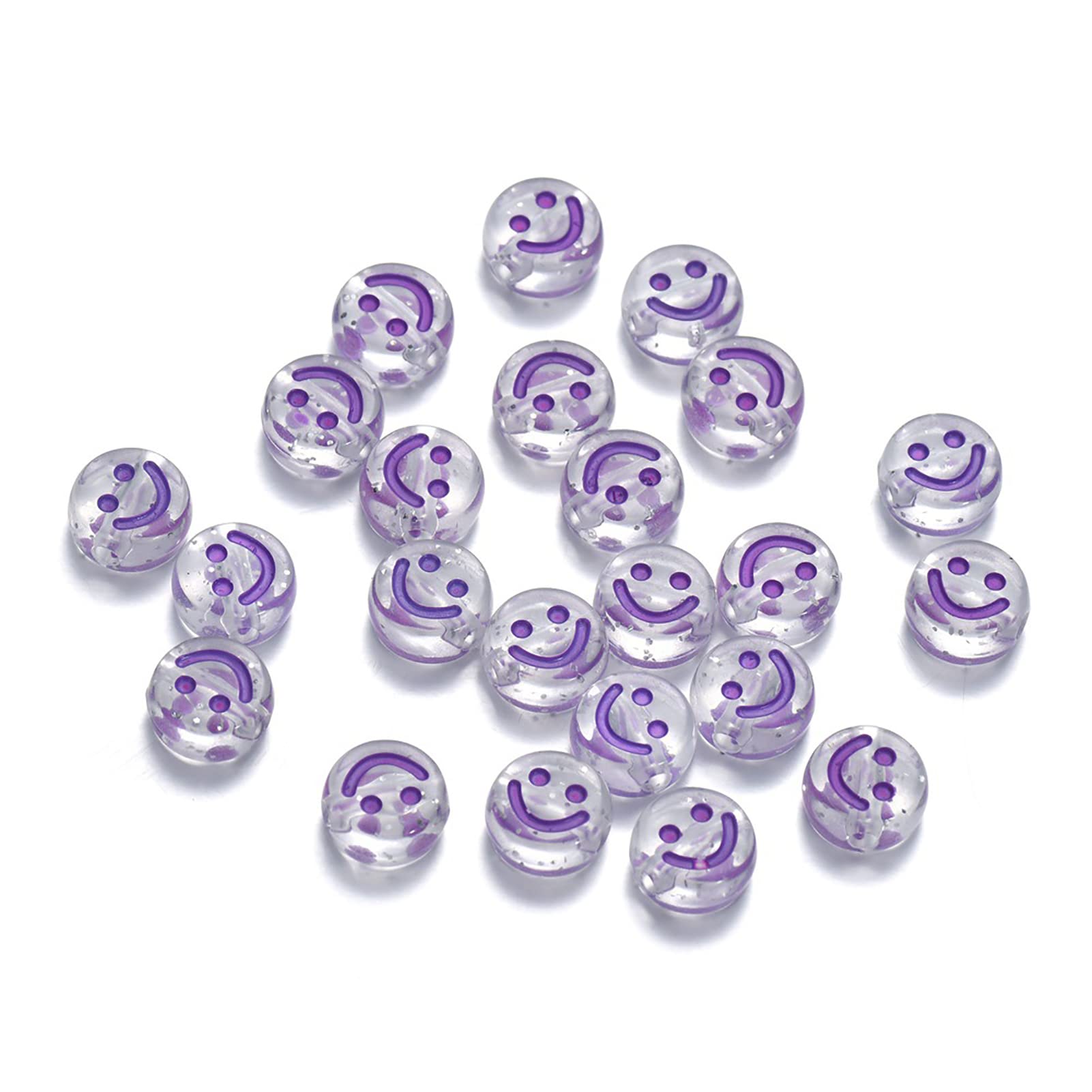 200pcs Clear Acrylic Smile Face Beads 10mm Pony Disc Coin Purple Enamel Loose Spacer Beads for DIY Jewelry Bracelet Mobile Phone Pendant Making