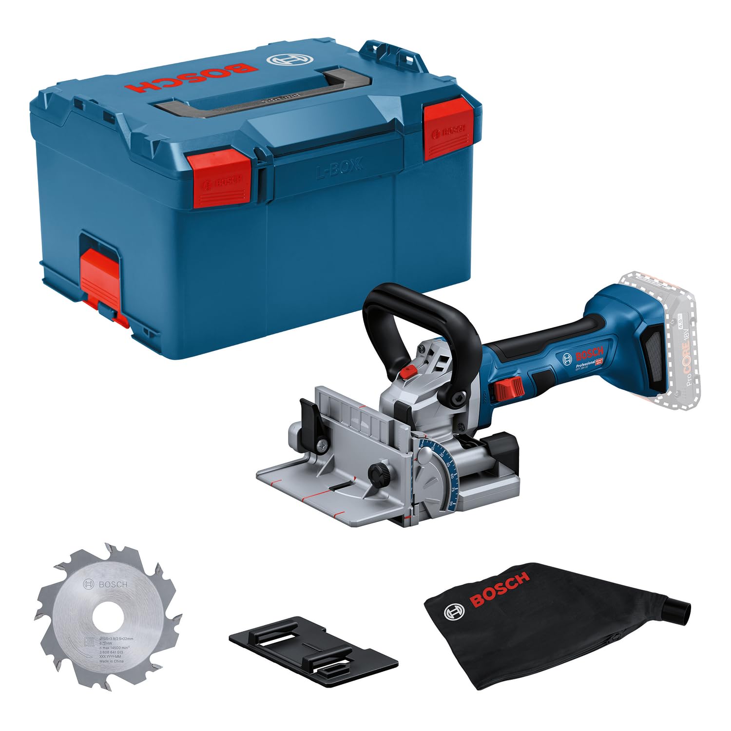 Bosch Professional 18V System Akku-Flachdübelfräse GFF 18V-22 (inkl. Scheibenfräser Ø 105 mm, Staubbeutel, Anklippscheibe, Zweilochmutterndreher, Einlage, L-BOXX, ohne Akku/Ladegerät)