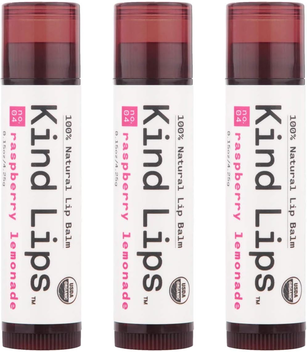 Kind Lips Lip Balm, Nourishing Soothing Lip Moisturizer for Dry Cracked Chapped Lips, Made in Usa With 100% Natural USDA Organic Ingredients, Raspberry Lemonade Flavor, Pack of 3
