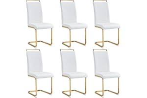 BAYSITONE Modern Dining Chairs Set of 6, PU Faux Leather High Back Upholstered Dining Room Side Chair with Horizontal Stripe Backrest Design for Kitchen Living Room Dinner Chairs, White with Gold Legs
