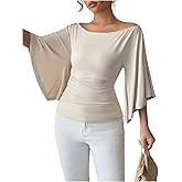 OYOANGLE Women's Off The Shoulder T Shirts Bell 3/4 Length Sleeve Tops Slim Fitted Dressy Casual Blouses