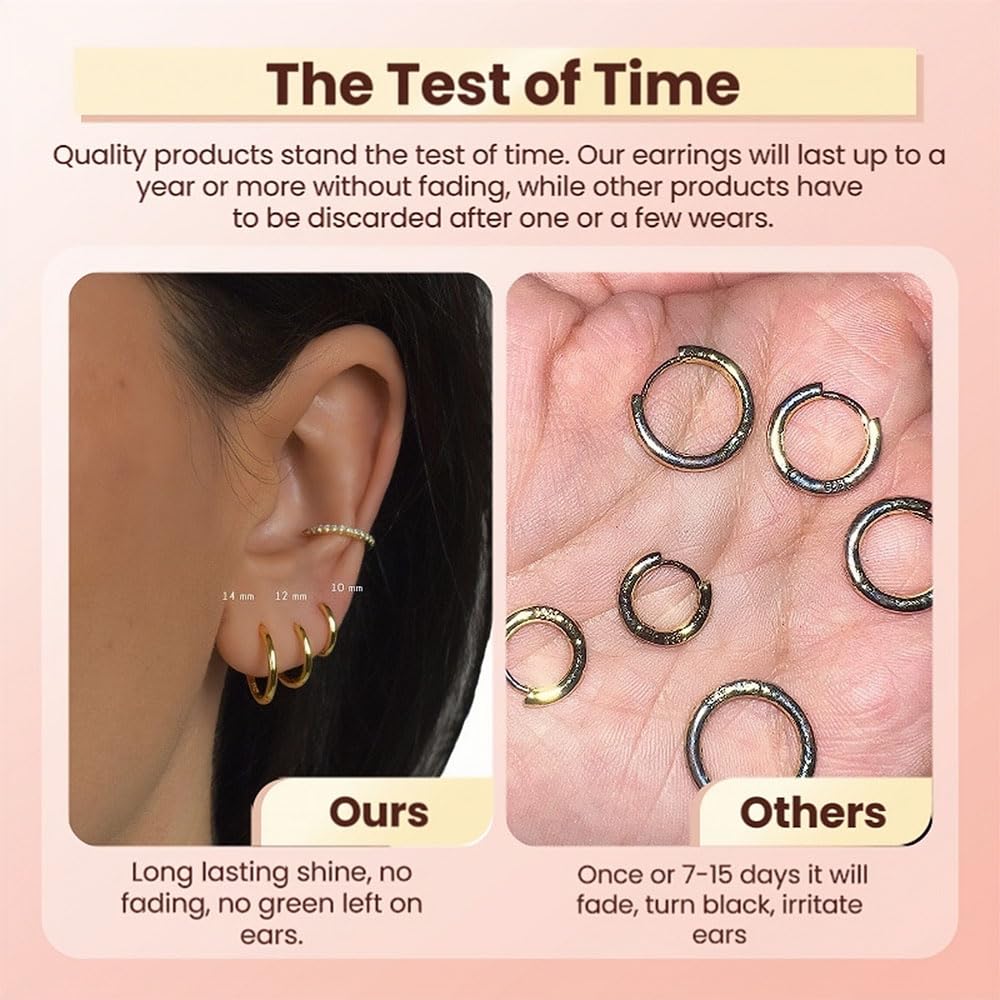 FriBasics 5 Pairs 14K Gold Plated Huggie Hoop Earrings for Women - Lightweight Minimalist Small Hoops, Hypoallergenic Nickel-free Lead-free, Non-Tarnish Everyday Jewelry for Sensitive Ears, Multiple Piercing Stack Set
