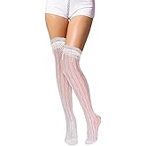 Lusofie Womens Thigh High Stockings Fishnet Lace White Stockings Lace Trim Heart Patterned White Thigh High Socks for Girls
