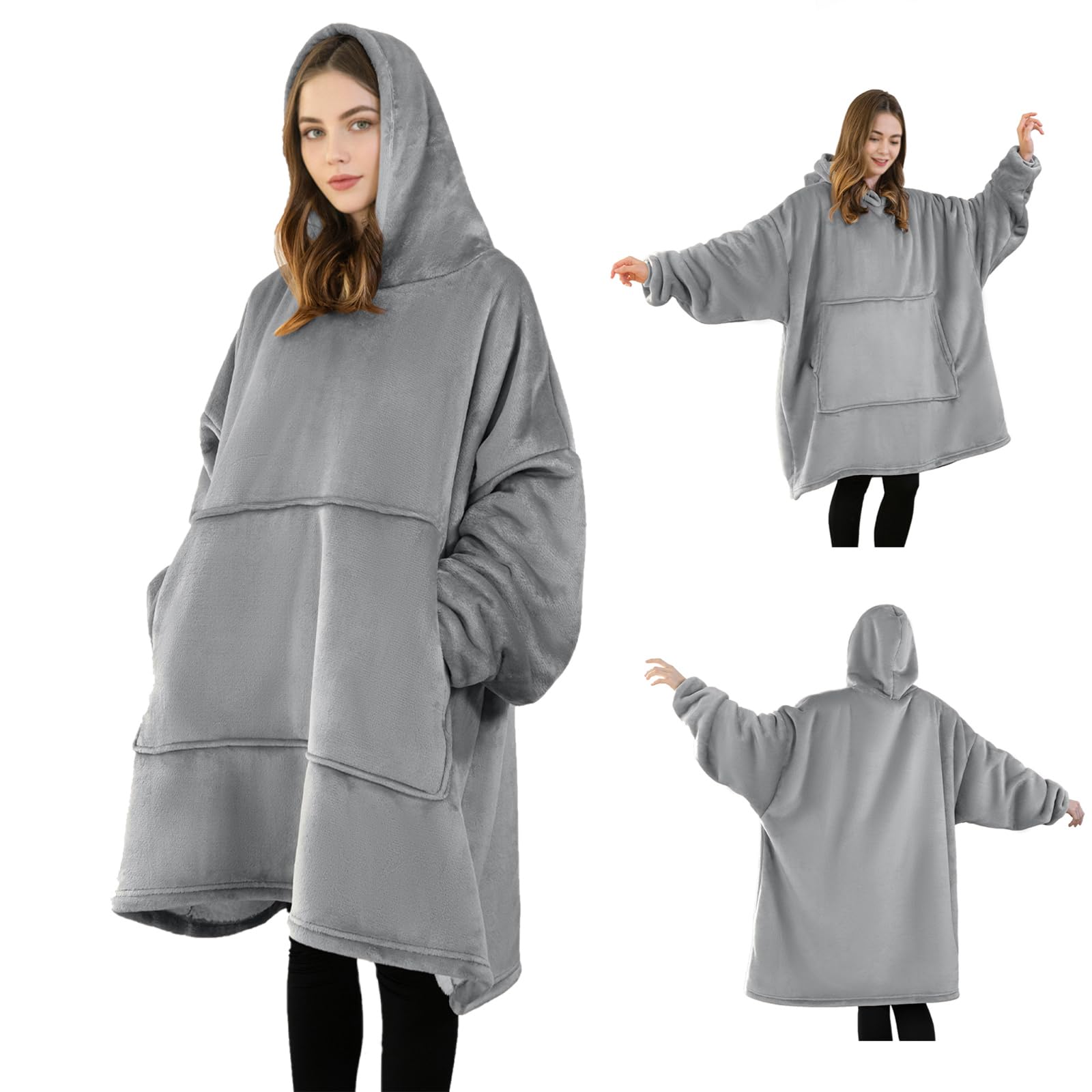 Good Nite Wearable Blanket Oversized Hoodie Blanket for Women & Men Sherpa Snuggle Blankets for Adults Fluffy Warm Hooded Throw with Pockets Grey (Grey, 98x100cm)