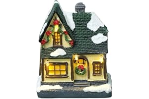 IKASUS Christmas Village House Decoration,Light Up Resin Christmas House,Resin Christmas Scene Village Houses Town with Warm White LED Light Battery Operated Christmas Collectible Building Christmas Ornament