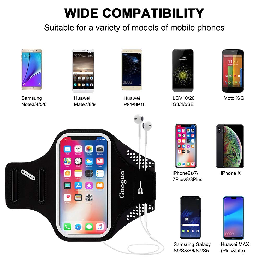 Guoguo Running Armband Case iPhone Xs Max/ 8/7,Samsung Galaxy S10/9/8,LG V30/40, Cell Phone Holder Adjustable & Skin-Friendly